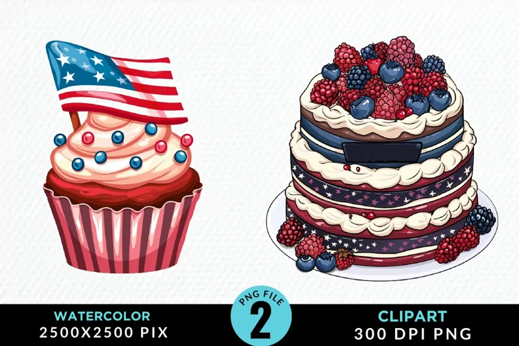 Watercolor 4th Of July Cupcakes Exquisite Clipart