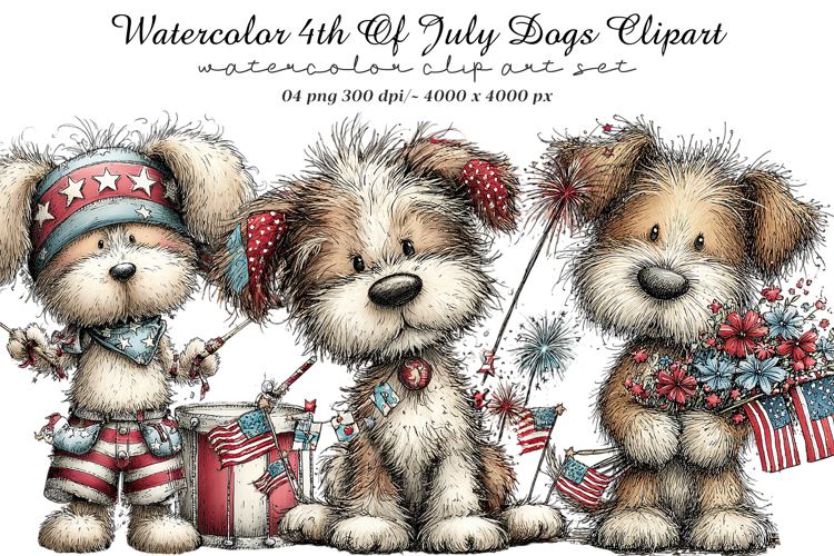 Watercolor 4th Of July Dogs Clipart