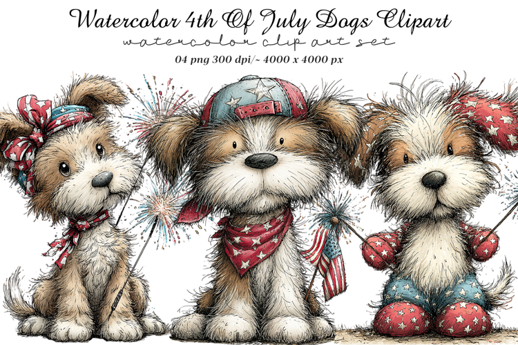 Watercolor 4th Of July Dogs Clipart