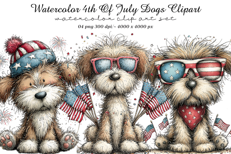 Watercolor 4th Of July Dogs Clipart
