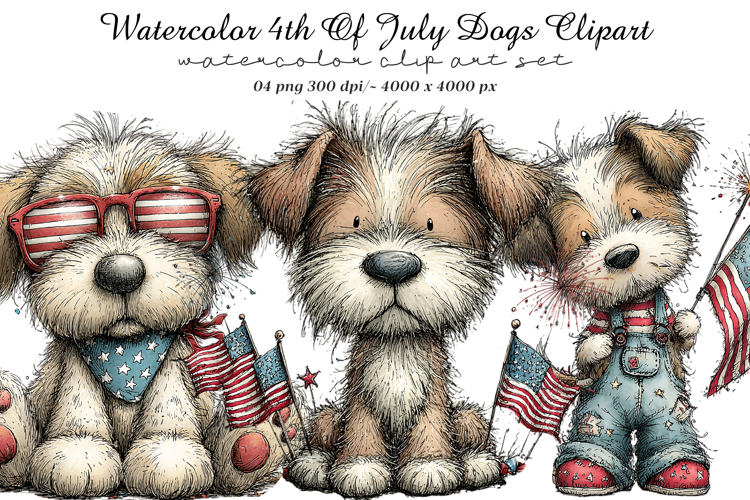 Watercolor 4th Of July Dogs Clipart