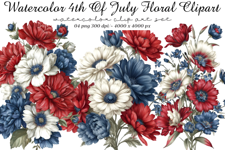 Watercolor 4th Of July Floral Clipart