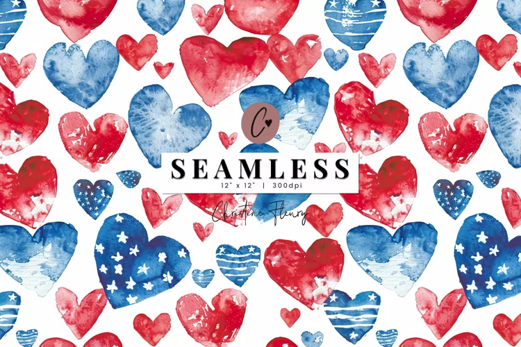 Seamless Watercolor 4th Of July Hearts Pattern