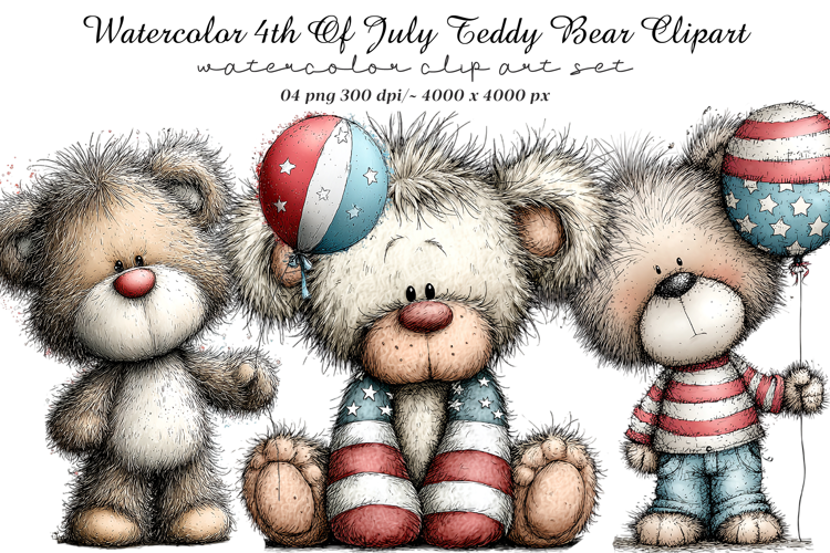 Watercolor 4th Of July Teddy Bear Clipart