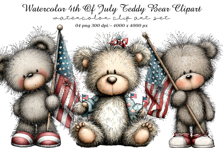 Watercolor 4th Of July Teddy Bear Clipart