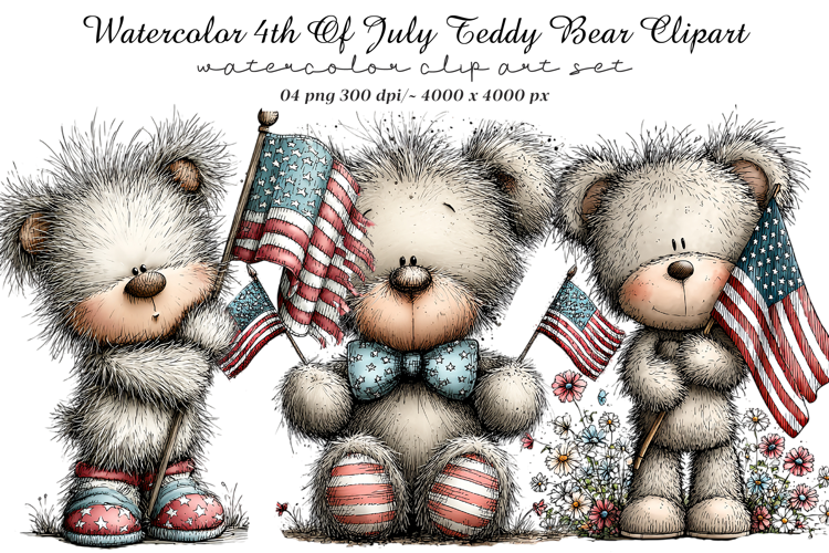 Watercolor 4th Of July Teddy Bear Clipart