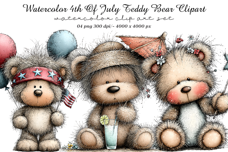 Watercolor 4th Of July Teddy Bear Clipart