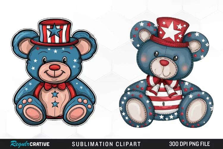 Watercolor 4th of July Teddy Bear Fun Clipart