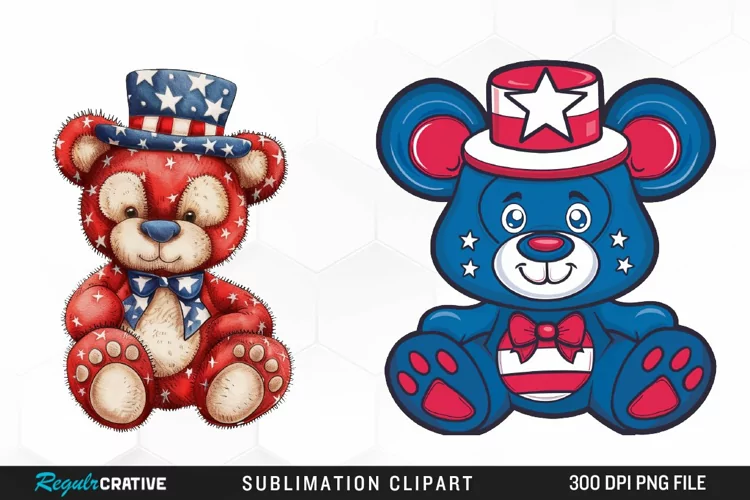 Watercolor 4th of July Teddy Bear Fun Clipart