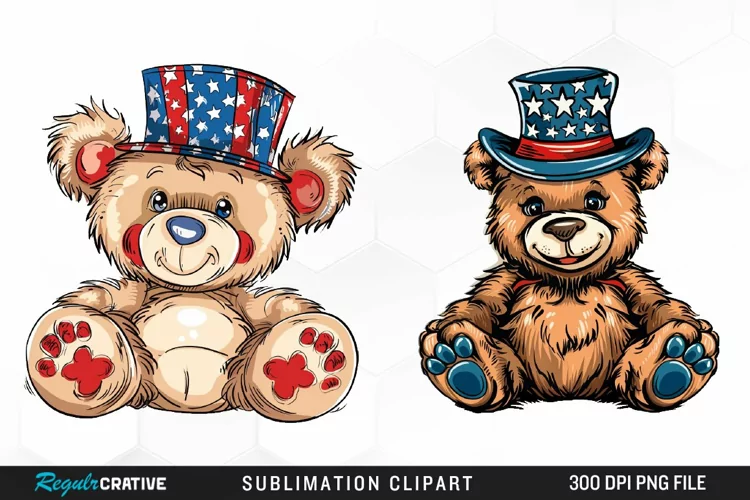 Watercolor 4th of July Teddy Bear Fun Clipart