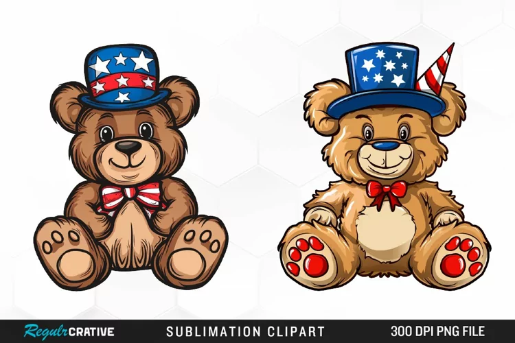 Watercolor 4th of July Teddy Bear Fun Clipart