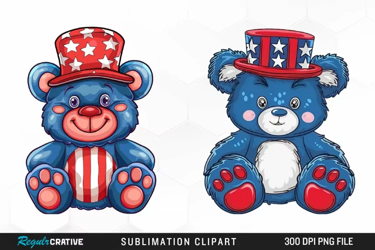 Watercolor 4th of July Teddy Bear Fun Clipart