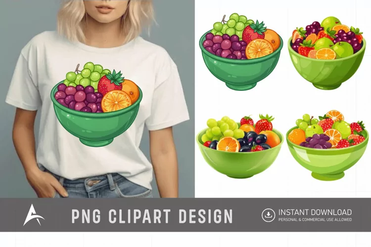 Watercolor A green bowl of fruit with strawberries Clipart