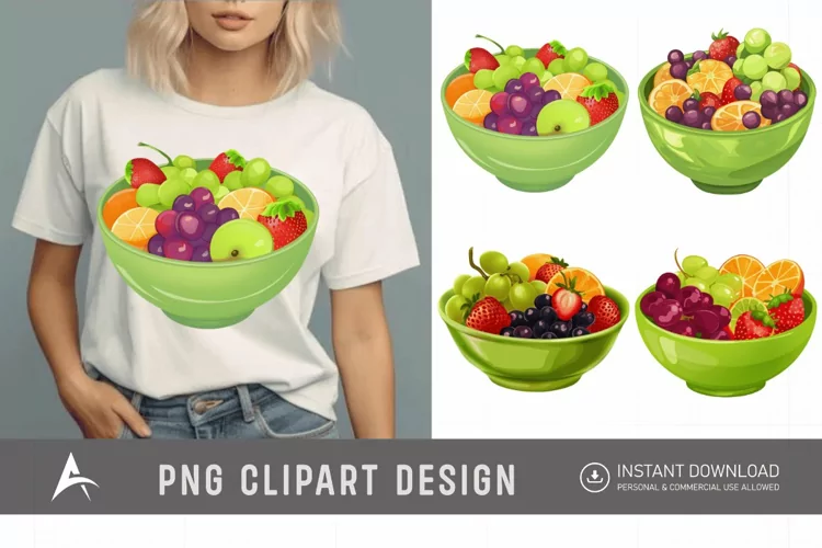 Watercolor A green bowl of fruit with strawberries Clipart