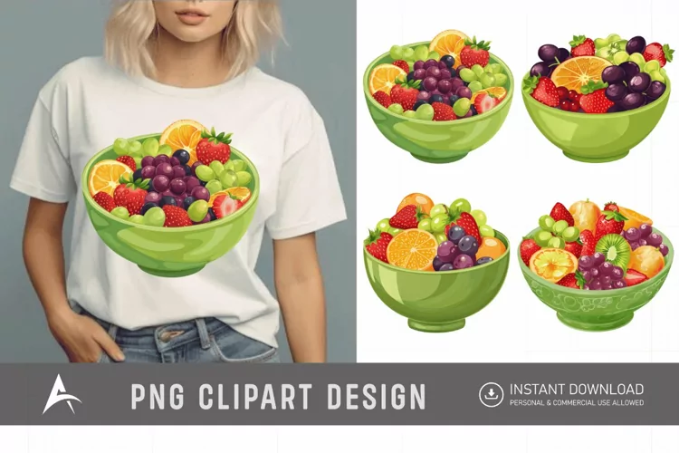 Watercolor A green bowl of fruit with strawberries Clipart