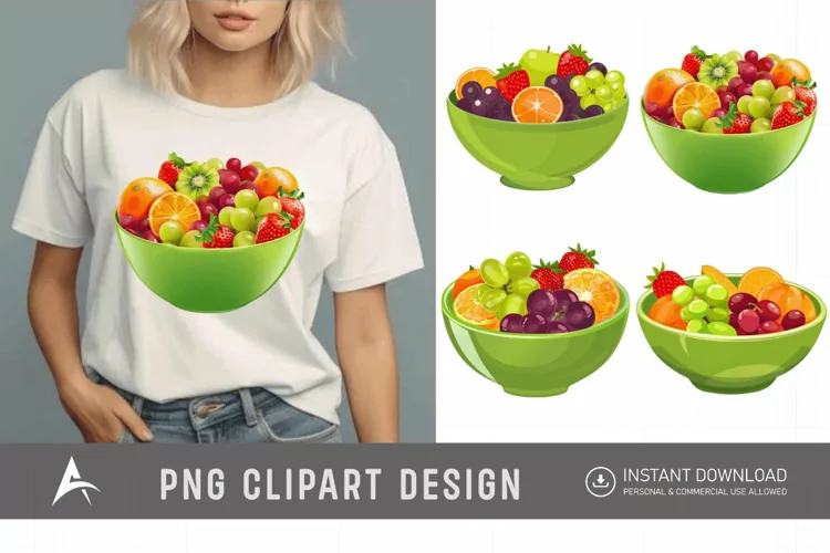 Watercolor A green bowl of fruit with strawberries Clipart