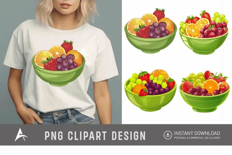 Watercolor A green bowl of fruit with strawberries Clipart