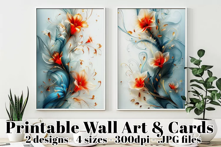 Abstract Gold, Blue with Red Flowers Posters and Cards, s1