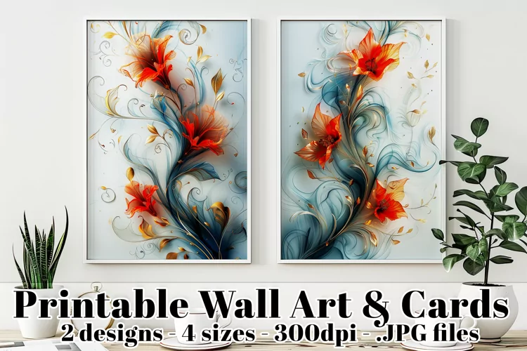 Abstract Gold, Blue with Red Flowers Posters and Cards, s2