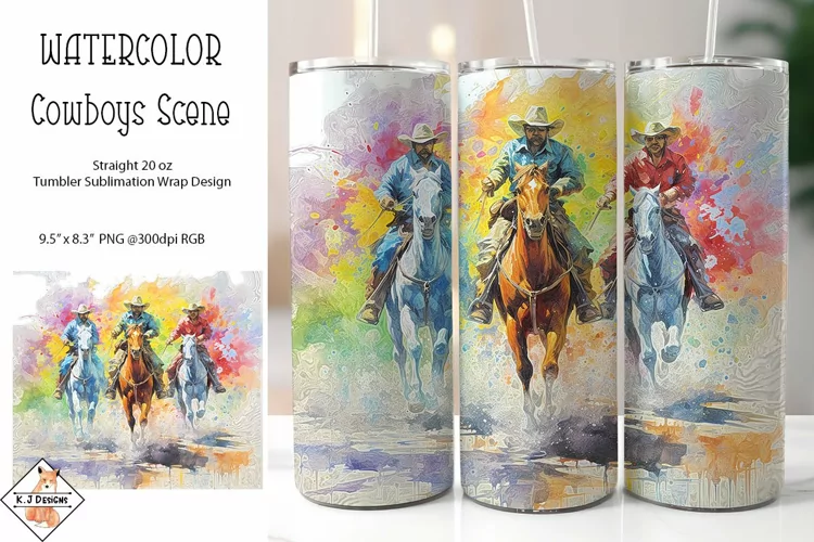 Watercolor abstract cowboys scene tumbler | Sublimation wrap