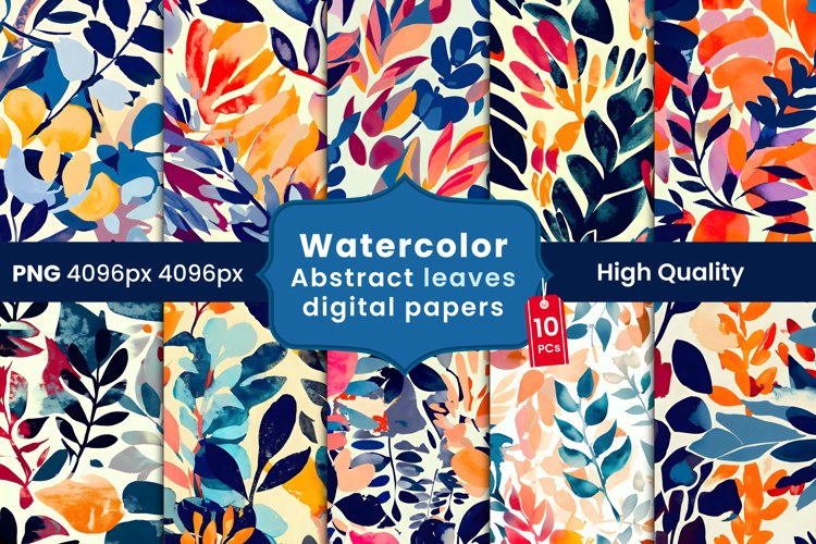 Watercolor abstract leaves digital papers, PNG high quality