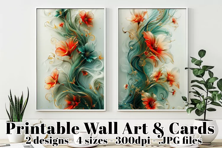 Abstract Gold, Turquoise with Red Flowers Posters Cards, s1