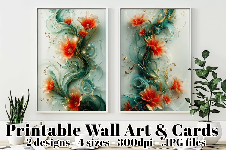 Abstract Gold, Turquoise with Red Flowers Posters Cards, s2