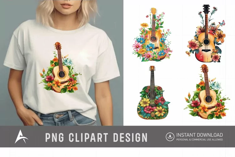 Watercolor Acoustic Guitars Flowers Clipart
