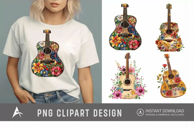 Watercolor Acoustic Guitars Flowers Clipart