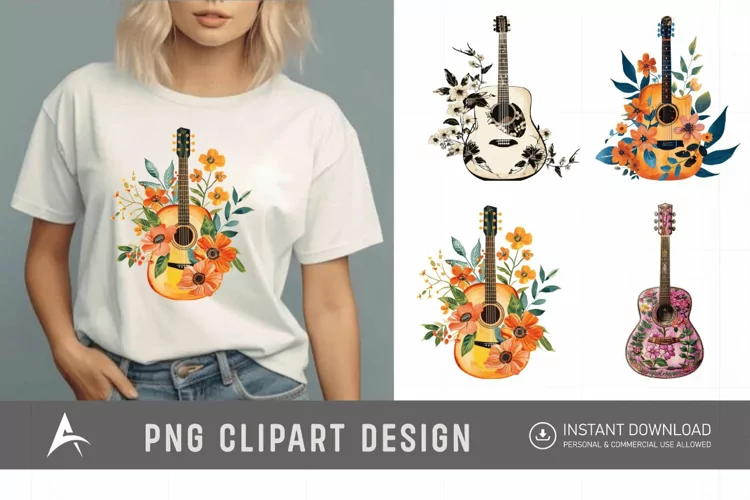 Watercolor Acoustic Guitars Flowers Clipart