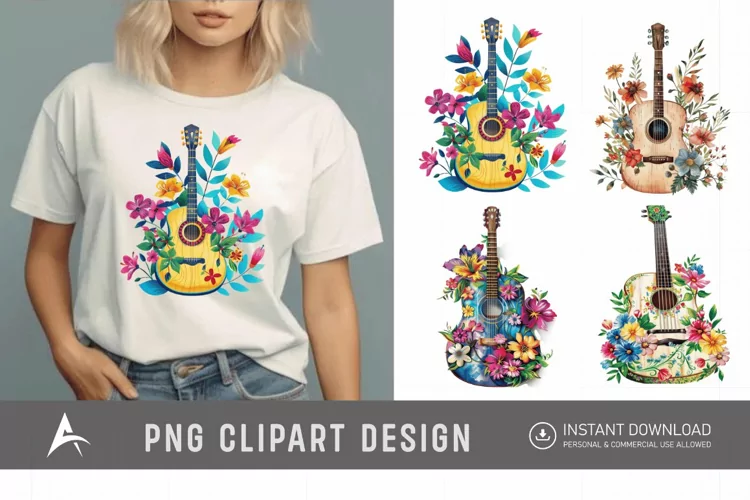 Watercolor Acoustic Guitars Flowers Clipart