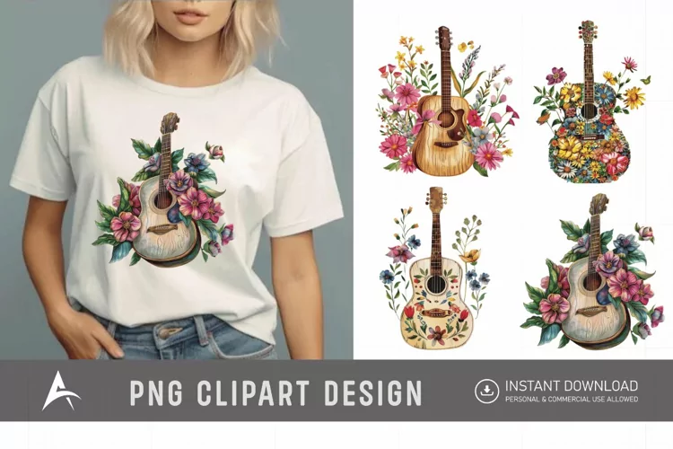 Watercolor Acoustic Guitars Flowers Clipart