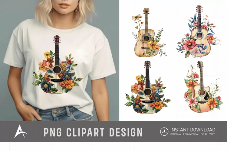 Watercolor Acoustic Guitars Flowers Clipart