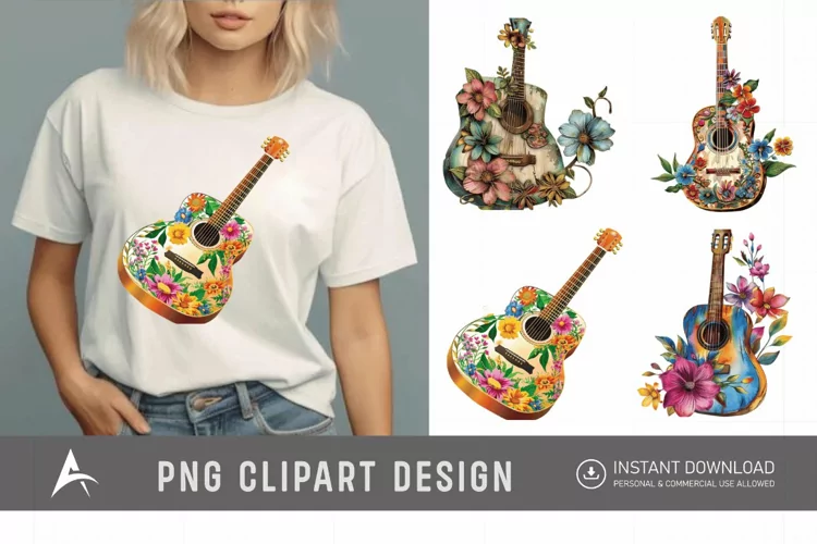 Watercolor Acoustic Guitars Flowers Clipart