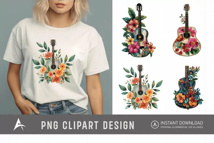 Watercolor Acoustic Guitars Flowers Clipart