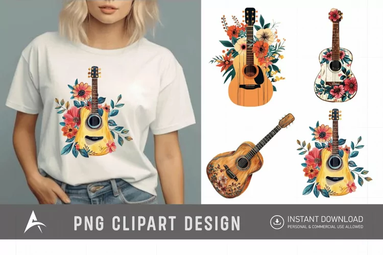 Watercolor Acoustic Guitars Flowers Clipart