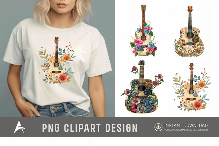 Watercolor Acoustic Guitars Flowers Clipart