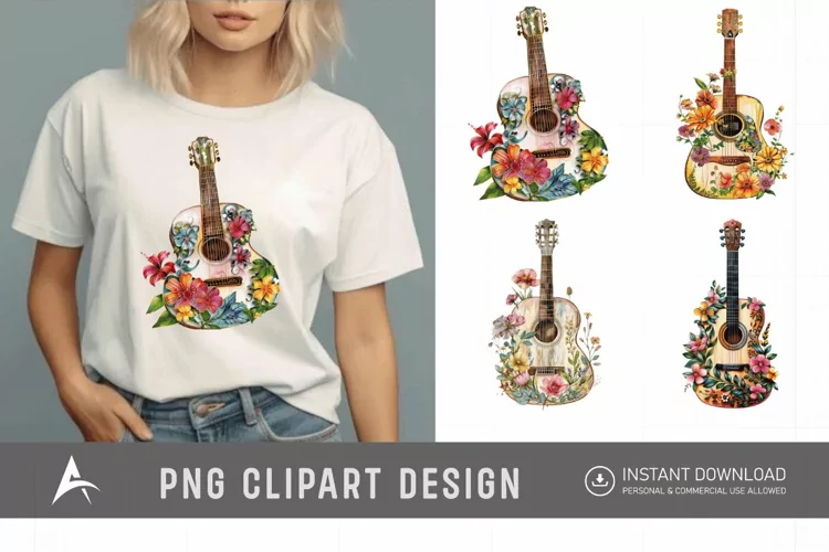 Watercolor Acoustic Guitars Flowers Clipart