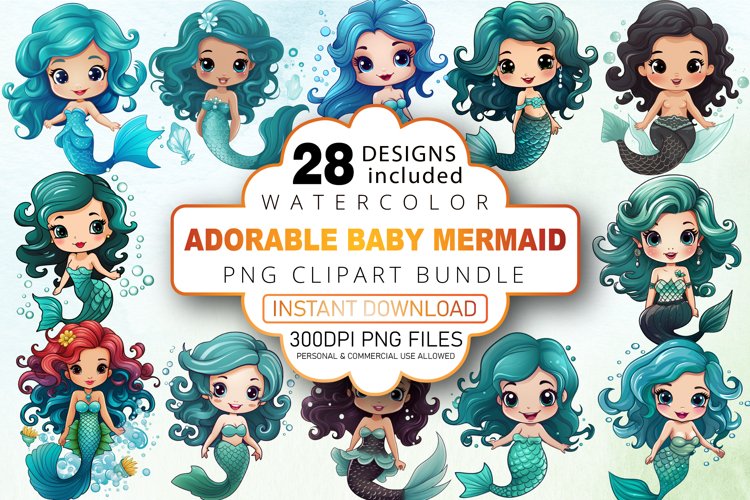 Watercolor Adorable Baby Mermaid Clipart Bundle