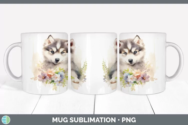 Watercolor Alaskan Malamute Dog Mug Wrap | Sublimation Coffe