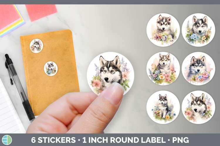 Bundle of six Wild Flowers Alaskan Malamutes Stickers designs.