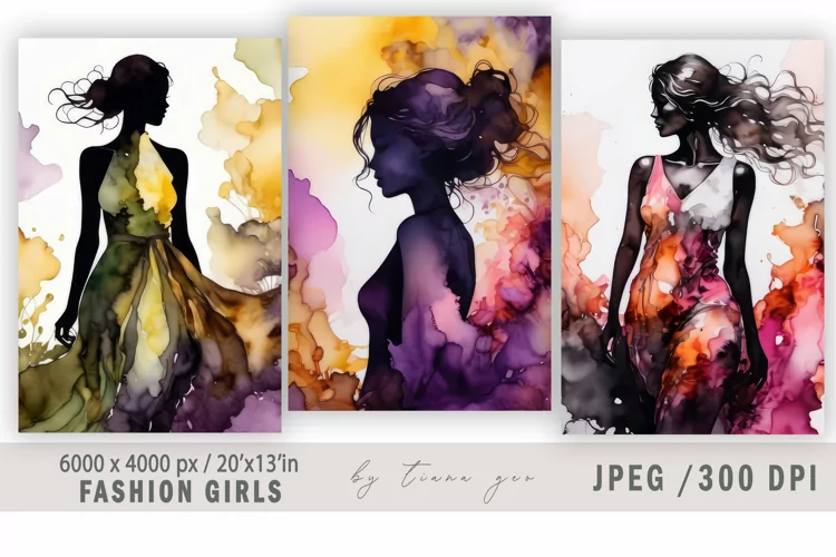 Watercolor fashion girl illustration for posters - 3 jpgs