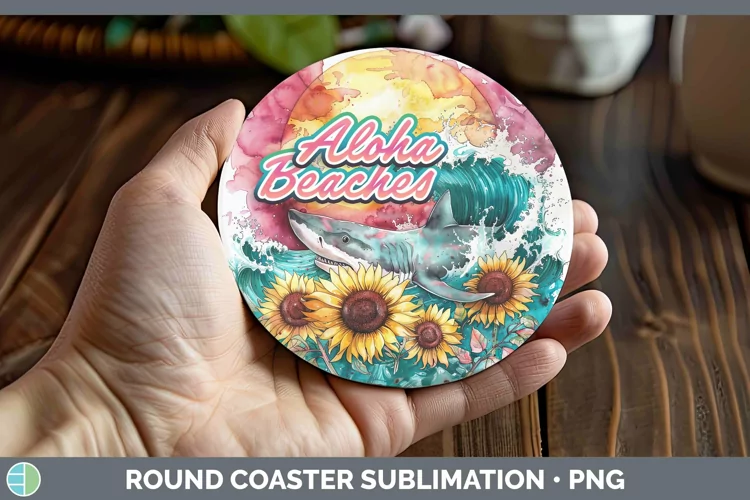 Watercolor Aloha Beaches Shark Round Coaster Sublimation Coa