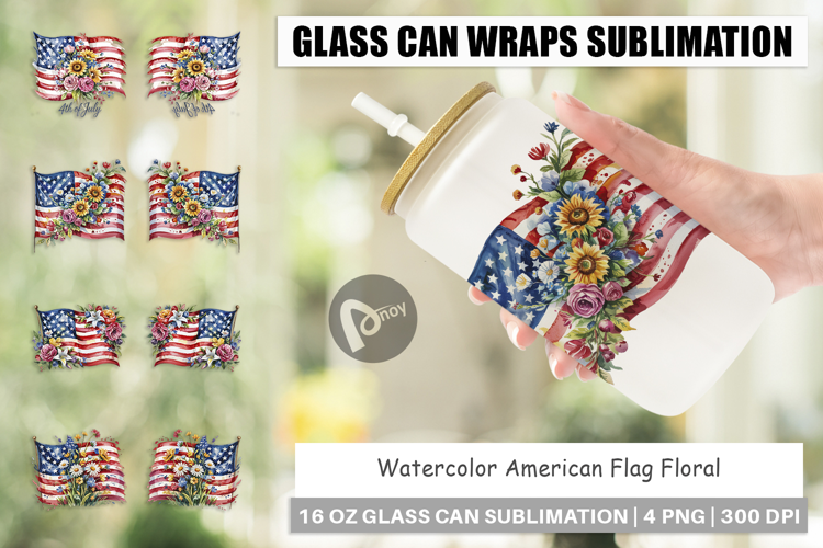 Glass Can Watercolor American Flag Floral