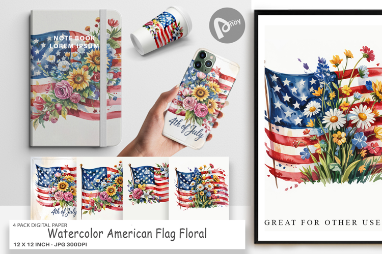 Digital Paper Watercolor American Flag Floral