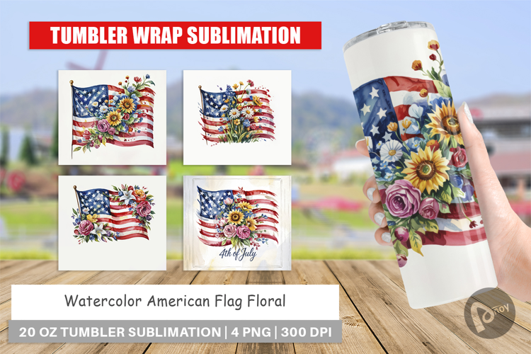 Tumbler Watercolor American Flag Floral