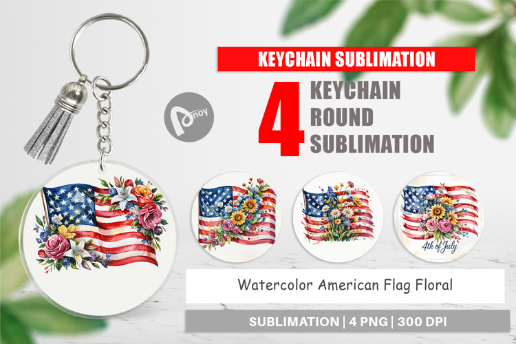 Keychain Watercolor American Flag Floral