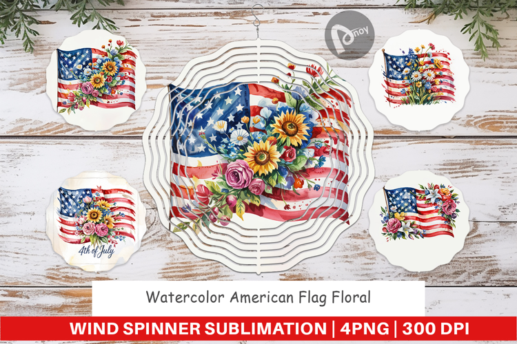 Wind Spinner Watercolor American Flag Floral