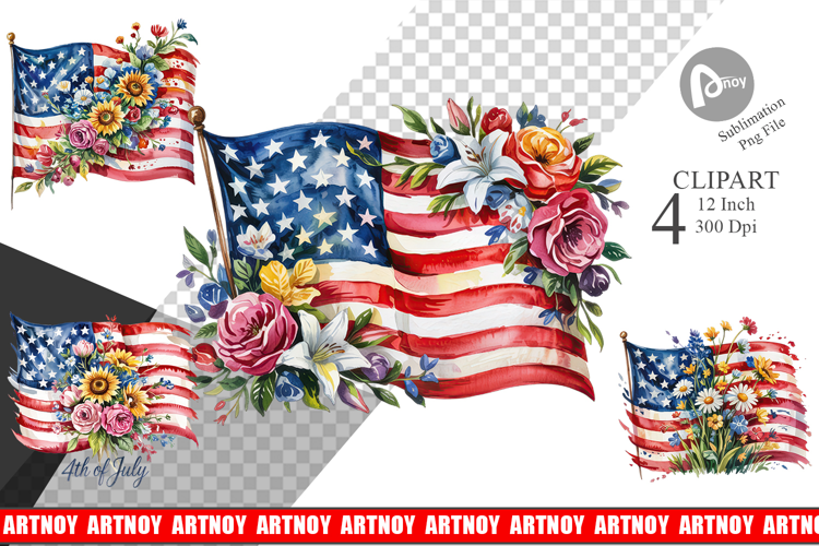 Watercolor American Flag Floral Clipart