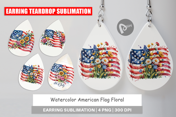 Earring Watercolor American Flag Floral